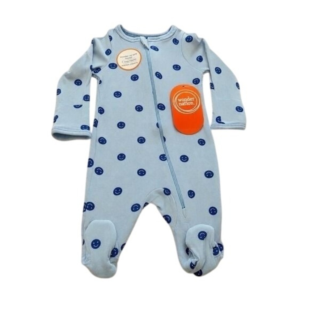 Wonder Nation Baby 2 Pack Sleep and Play Pajamas 3-6M Blue Smiley Stripe Modal - Picture 2 of 9